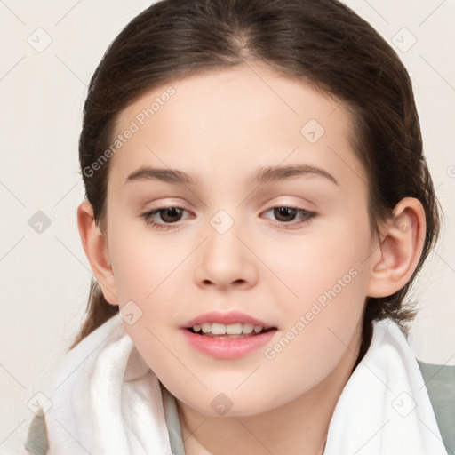 Joyful white child female with medium  brown hair and brown eyes