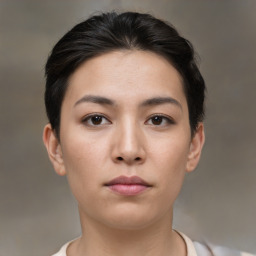 Neutral asian young-adult female with short  brown hair and brown eyes