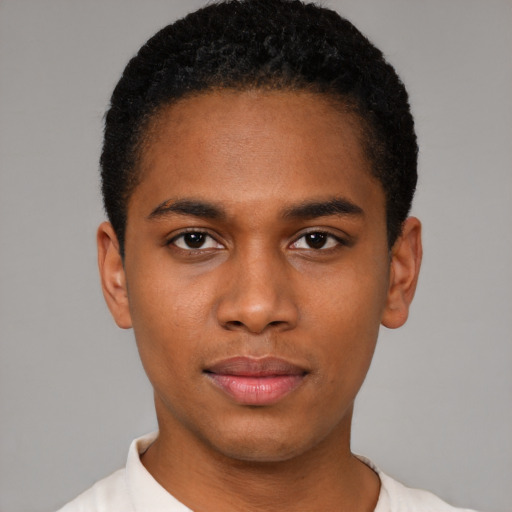 Neutral black young-adult male with short  black hair and brown eyes