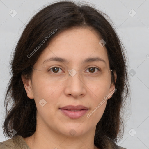 Joyful white adult female with medium  brown hair and brown eyes