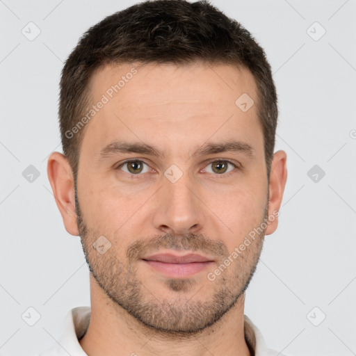 Joyful white young-adult male with short  brown hair and brown eyes