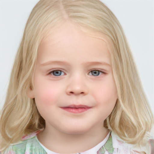 Joyful white child female with medium  brown hair and blue eyes