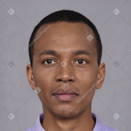 Neutral black young-adult male with short  black hair and brown eyes