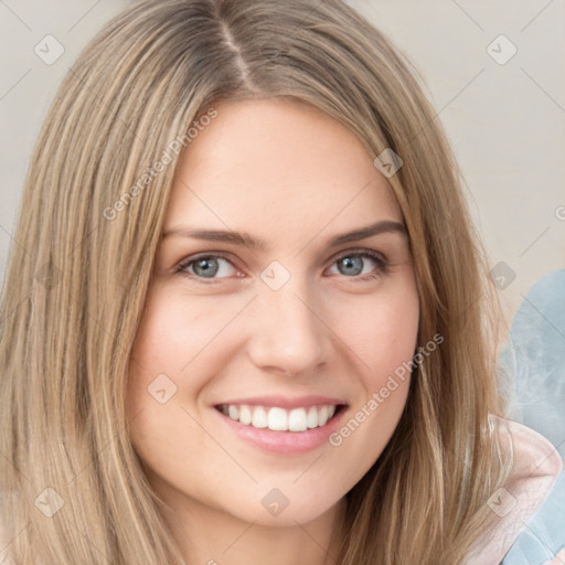 Joyful white young-adult female with long  brown hair and grey eyes