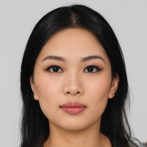 Neutral asian young-adult female with long  black hair and brown eyes