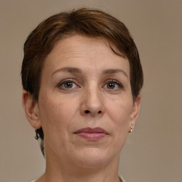 Joyful white adult female with short  brown hair and grey eyes