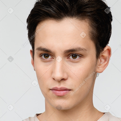 Neutral white young-adult male with short  brown hair and brown eyes