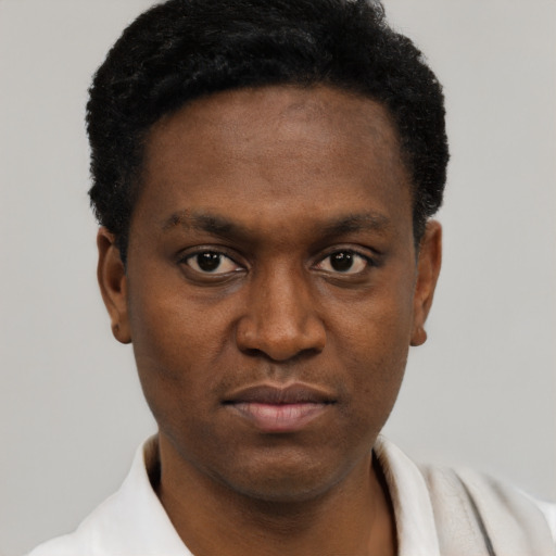 Neutral black young-adult male with short  black hair and brown eyes