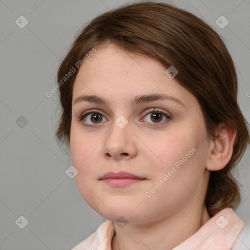 Neutral white young-adult female with medium  brown hair and brown eyes