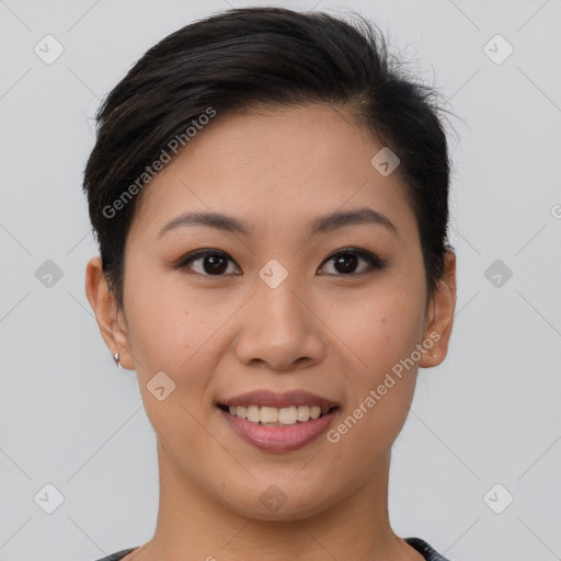 Joyful asian young-adult female with short  brown hair and brown eyes