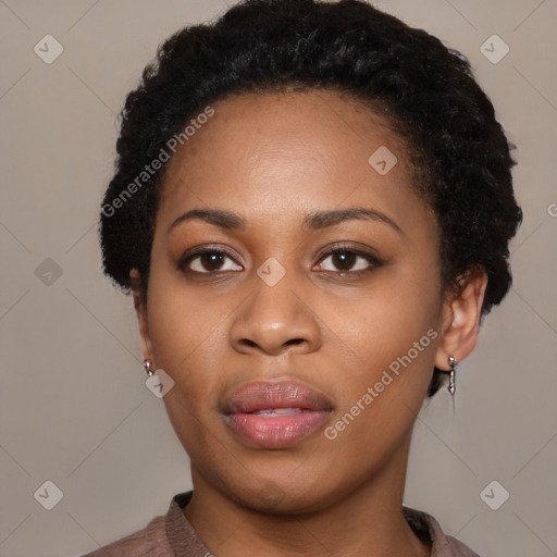 Neutral black young-adult female with short  black hair and brown eyes