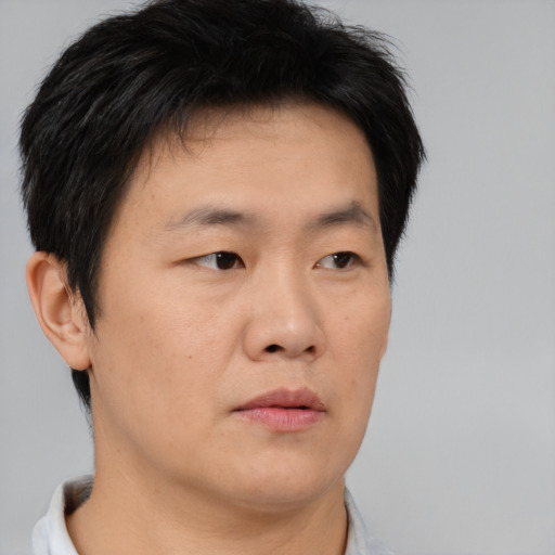 Neutral asian young-adult male with short  brown hair and brown eyes