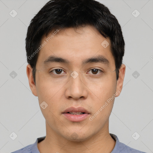 Neutral asian young-adult male with short  black hair and brown eyes