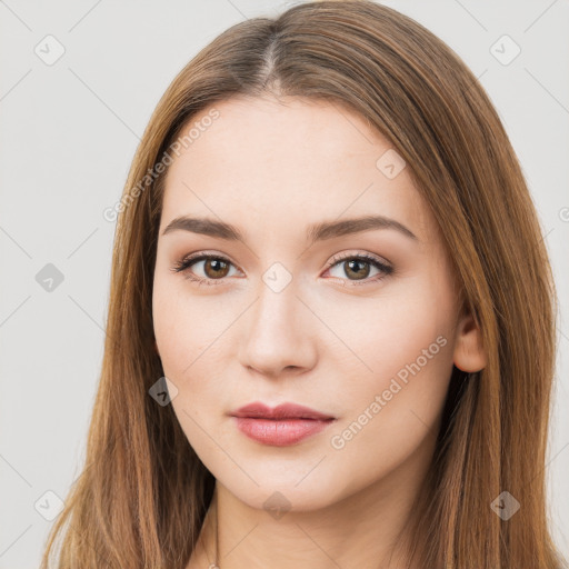 Neutral white young-adult female with long  brown hair and brown eyes