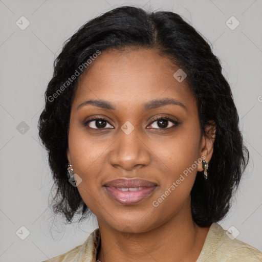 Joyful black young-adult female with medium  black hair and brown eyes