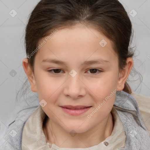 Joyful white child female with medium  brown hair and brown eyes