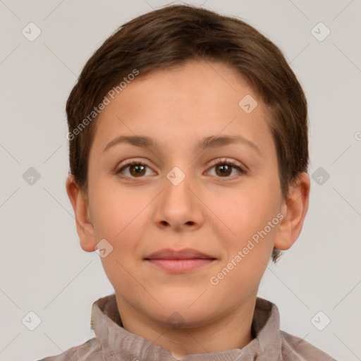 Neutral white young-adult female with short  brown hair and brown eyes