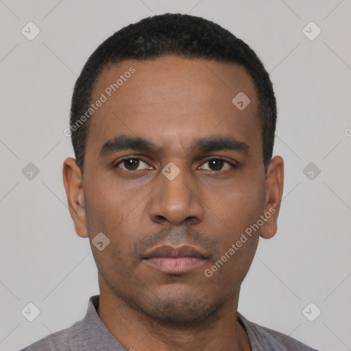 Neutral latino young-adult male with short  black hair and brown eyes