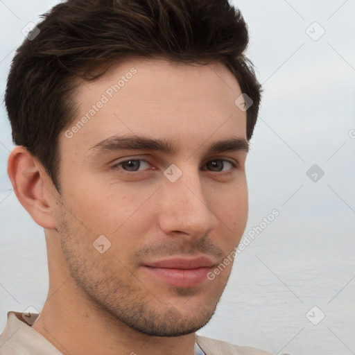 Neutral white young-adult male with short  brown hair and brown eyes