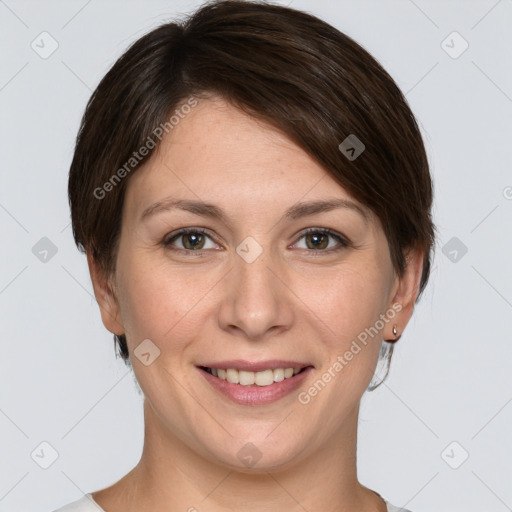 Joyful white young-adult female with medium  brown hair and grey eyes