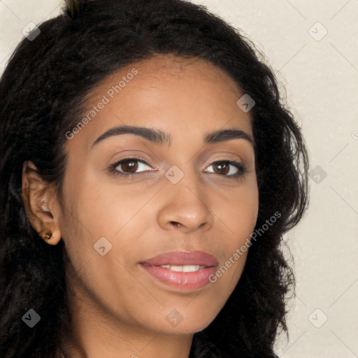 Joyful latino young-adult female with long  brown hair and brown eyes