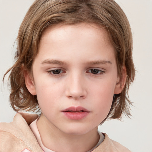 Neutral white child female with medium  brown hair and grey eyes