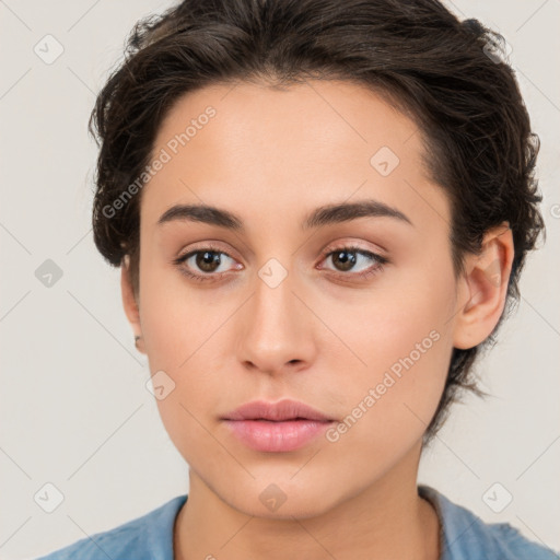 Neutral white young-adult female with medium  brown hair and brown eyes