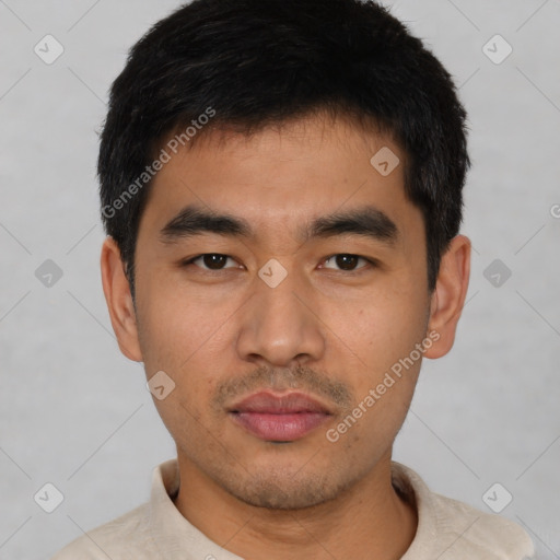 Neutral asian young-adult male with short  black hair and brown eyes