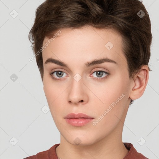 Neutral white young-adult female with short  brown hair and brown eyes