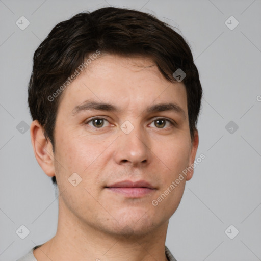 Neutral white young-adult male with short  brown hair and brown eyes