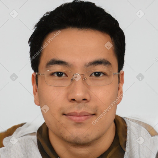 Neutral asian young-adult male with short  black hair and brown eyes