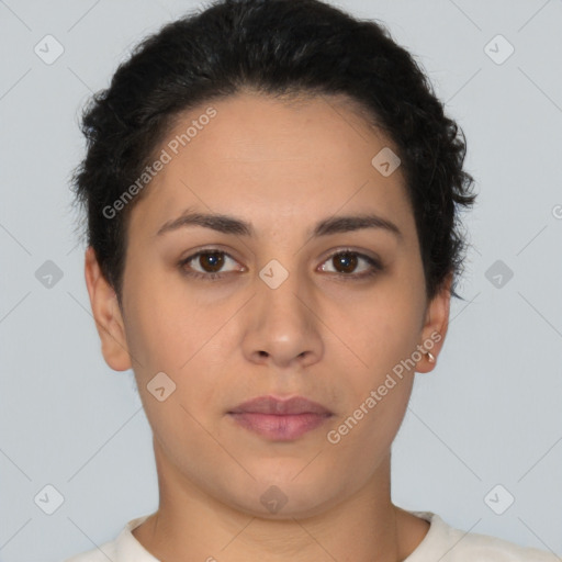 Neutral white young-adult female with short  brown hair and brown eyes