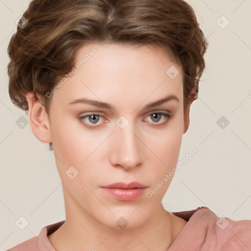 Neutral white young-adult female with short  brown hair and brown eyes