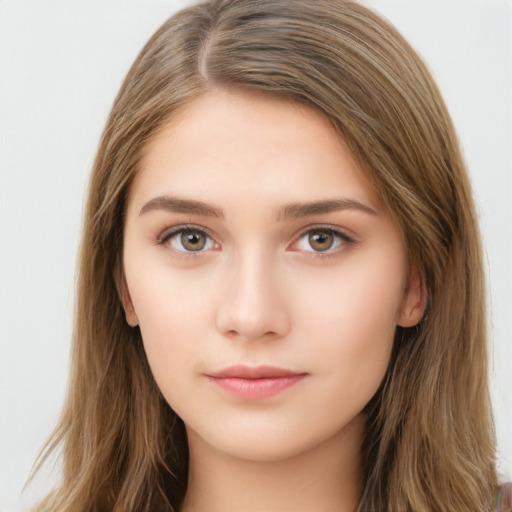 Neutral white young-adult female with long  brown hair and brown eyes