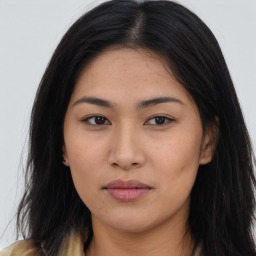 Neutral asian young-adult female with long  brown hair and brown eyes