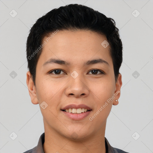 Joyful latino young-adult male with short  black hair and brown eyes