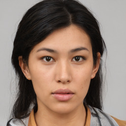 Neutral asian young-adult female with medium  black hair and brown eyes