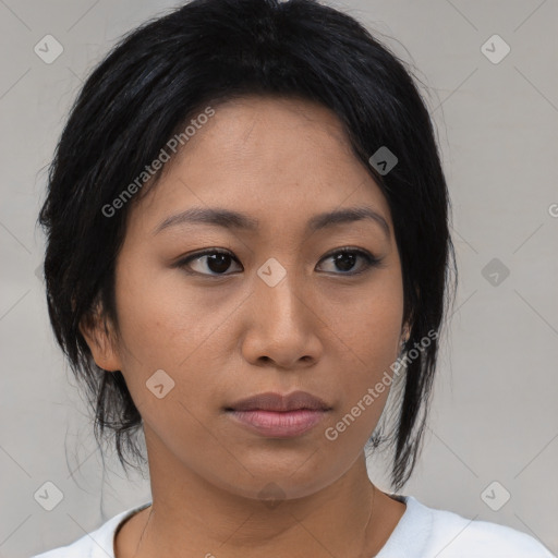 Neutral asian young-adult female with medium  black hair and brown eyes