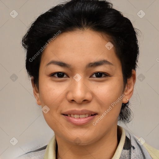 Joyful latino young-adult female with short  brown hair and brown eyes