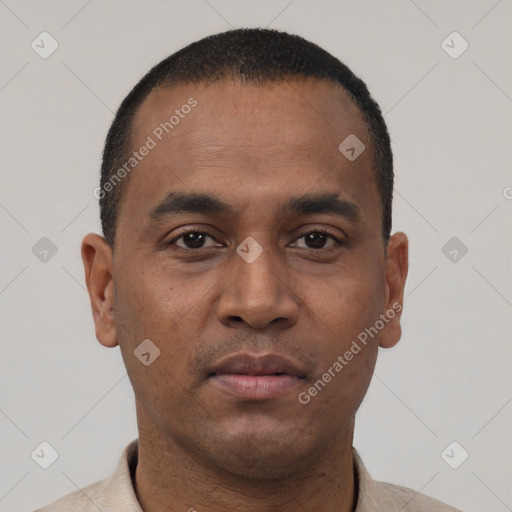 Neutral black young-adult male with short  brown hair and brown eyes
