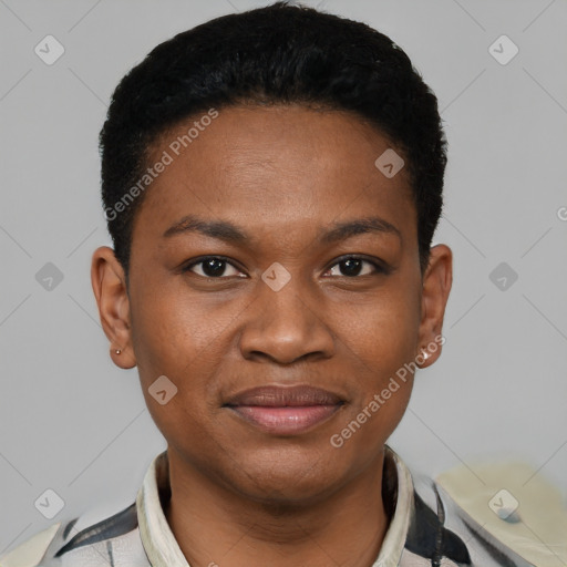 Joyful black young-adult female with short  black hair and brown eyes