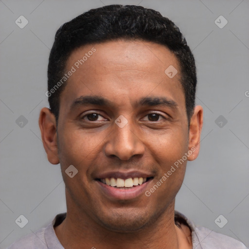 Joyful latino young-adult male with short  black hair and brown eyes