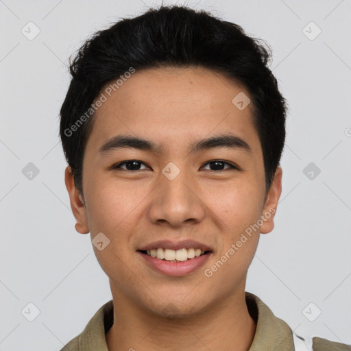 Joyful asian young-adult male with short  black hair and brown eyes