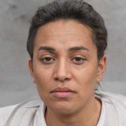 Neutral white adult female with short  brown hair and brown eyes