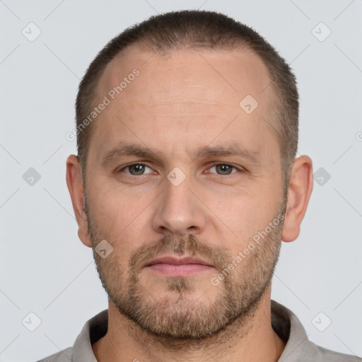 Neutral white adult male with short  brown hair and brown eyes