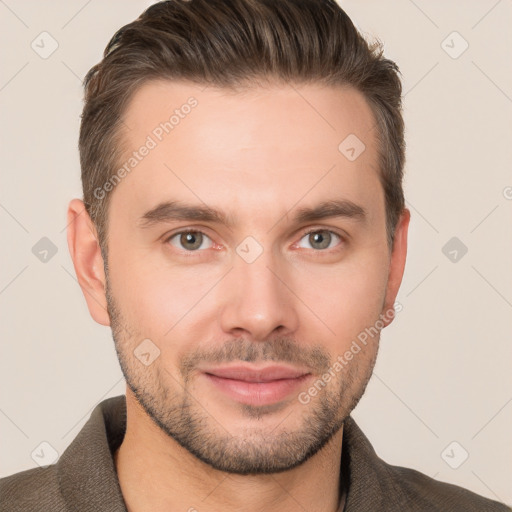 Joyful white young-adult male with short  brown hair and brown eyes