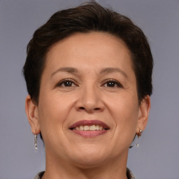 Joyful white adult female with short  brown hair and brown eyes