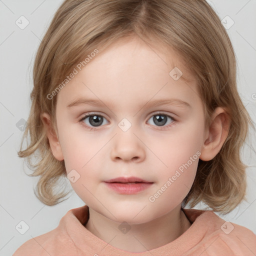 Neutral white child female with medium  brown hair and grey eyes