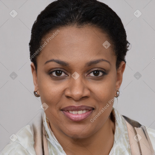 Joyful latino young-adult female with short  brown hair and brown eyes