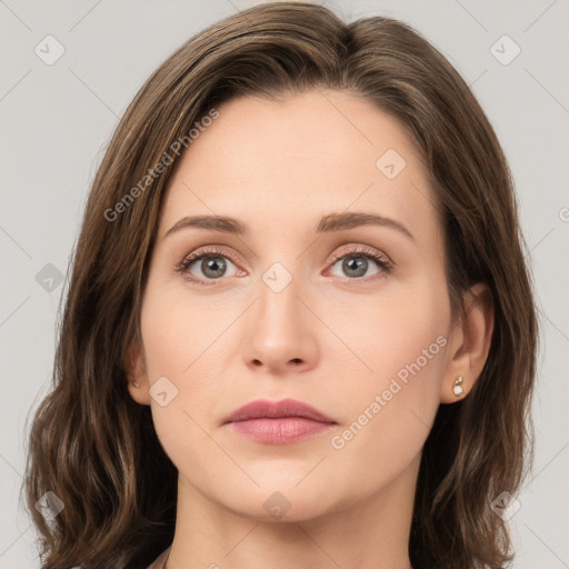 Neutral white young-adult female with long  brown hair and grey eyes